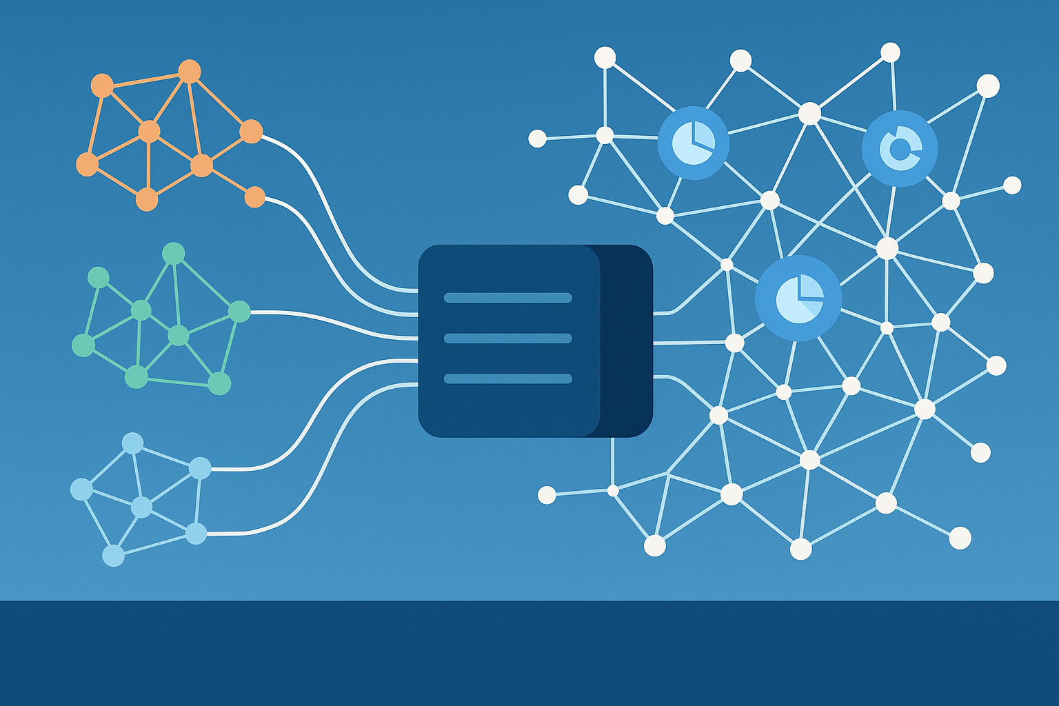 A modern data pipeline connects diverse data sources (dots and lines) into a unified network